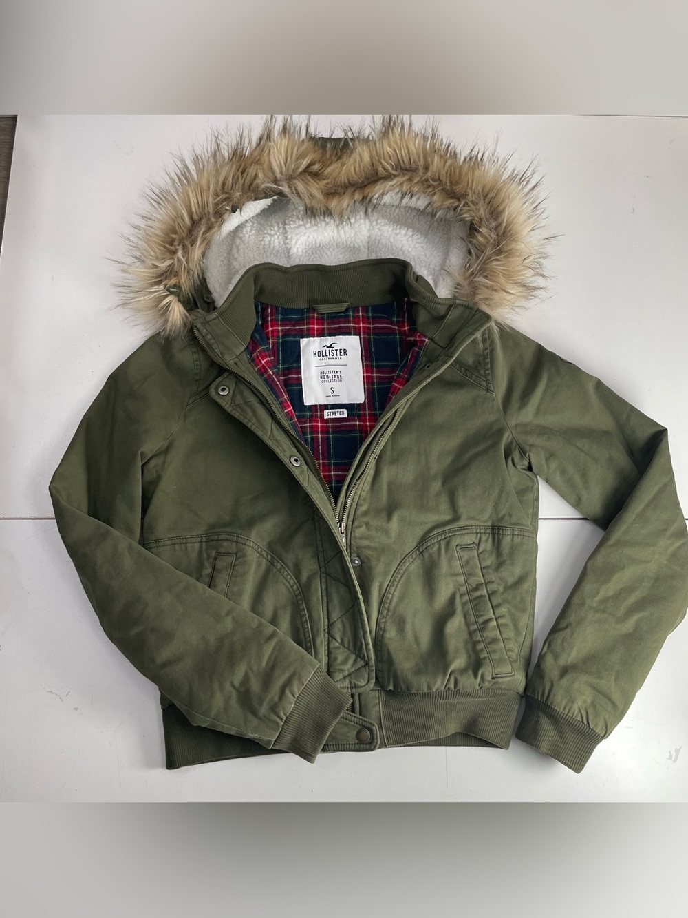 Hollister Heritage Jacket Green Size S Streetwear Y2K Grunge Twilight Faux Fur